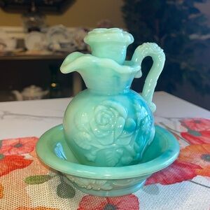 Vintage Avon 1970s Turquoise Slag Glass Pitcher And Bowl Set